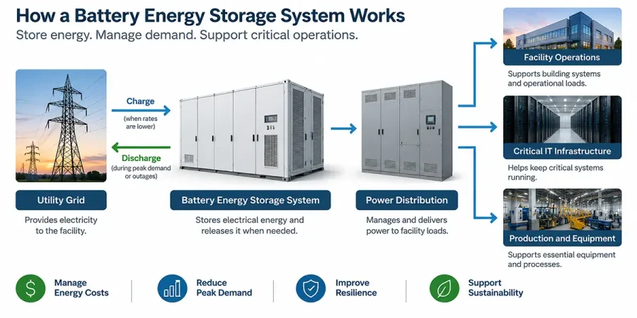 How a battery energy storage system works, showing energy sources, BESS components, charging, discharging and facility loads