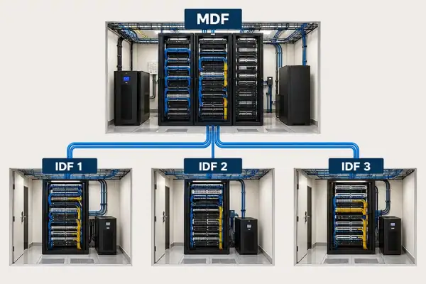 MDF and IDF network infrastructure showing a main distribution frame connected to multiple intermediate distribution frames