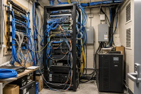 Overcrowded MDF or IDF network closet with cable congestion and limited equipment space