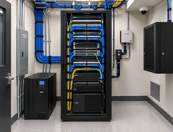 Well-organized MDF or IDF network closet with racks, UPS systems and structured cabling